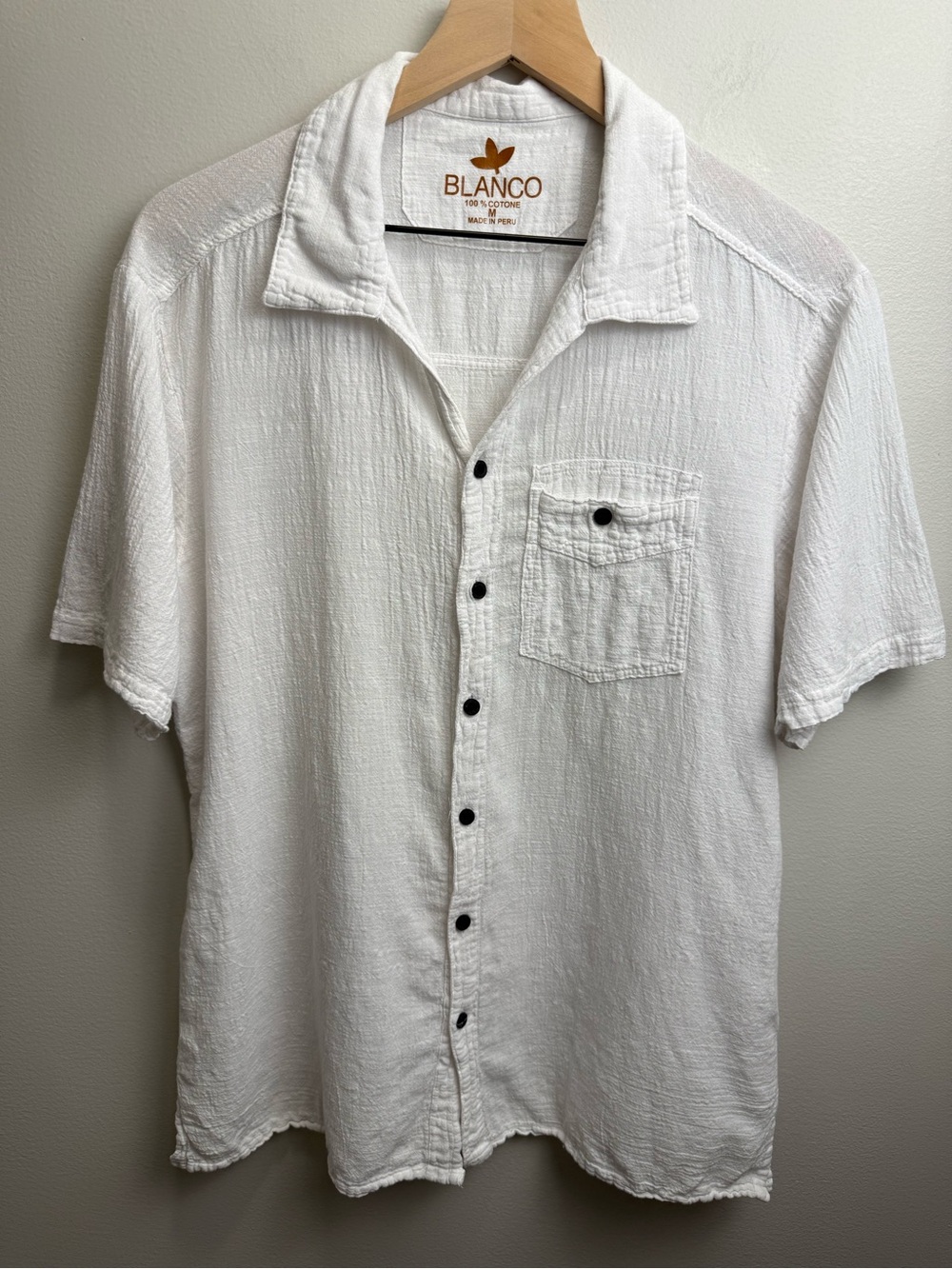 Blanco Men's White Short-Sleeve Textured Button-Down Shirt 100% Cotton Sz M